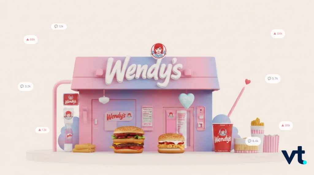Pastel Wendy's storefront diorama with two burgers, fries, drink, and heart-shaped balloon on the right; VT logo in the corner.