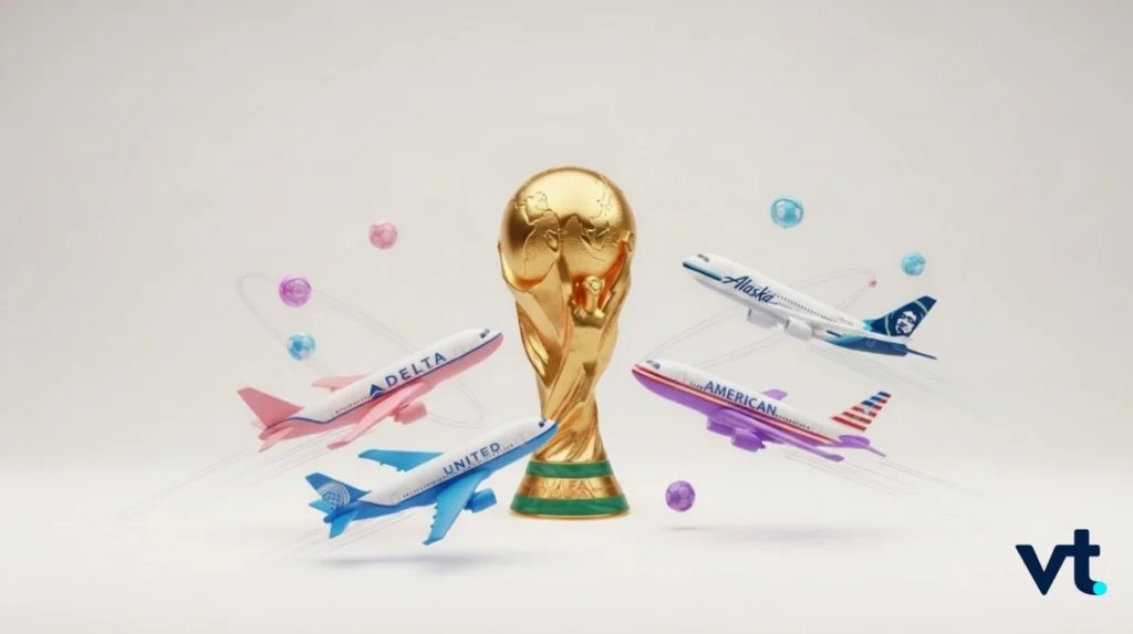 Golden World Cup trophy surrounded by colorful branded airplanes (Delta, United, American, Alaska) flying around it, symbolizing international travel for the event.