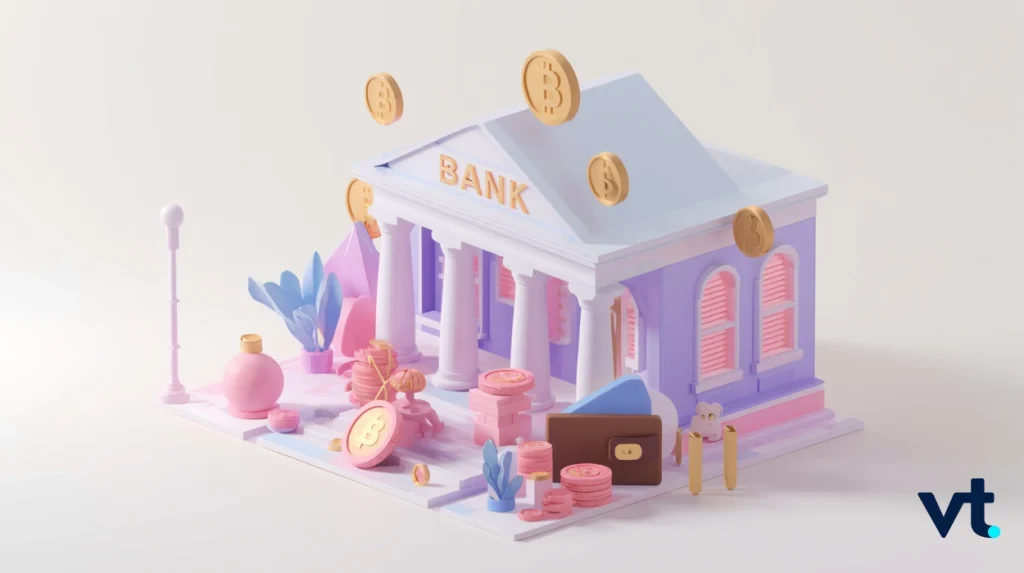 Pastel 3D illustration of a bank building with coins floating above, symbolizing cryptocurrency banking and savings.