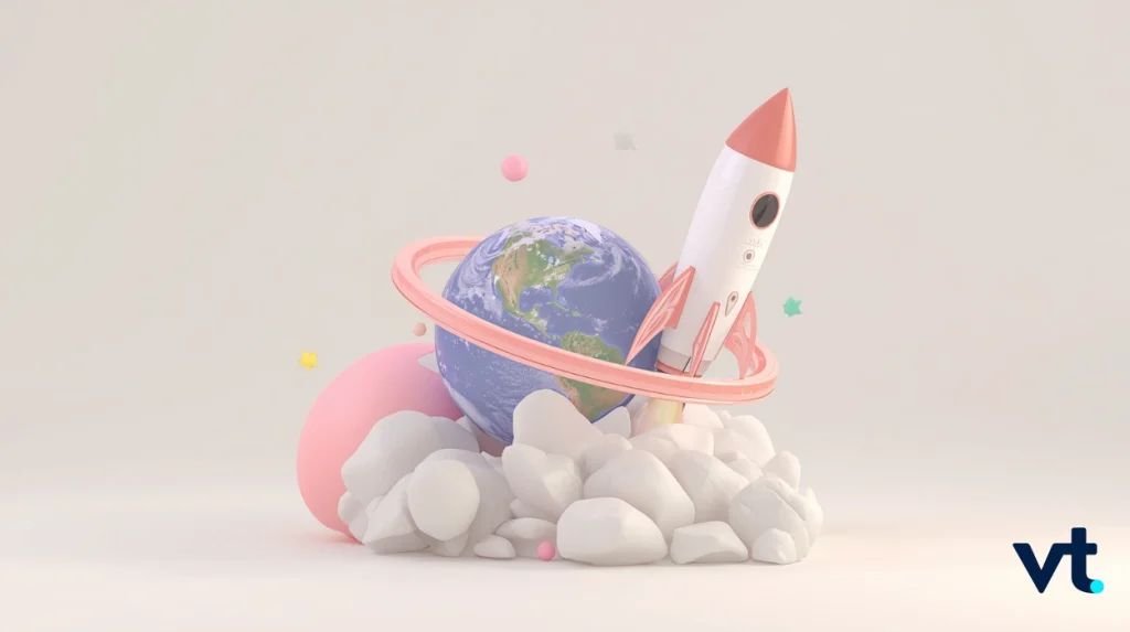 Pastel illustration of a rocket launching around a globe with a pink ring and fluffy white clouds; VT logo in the bottom right corner.