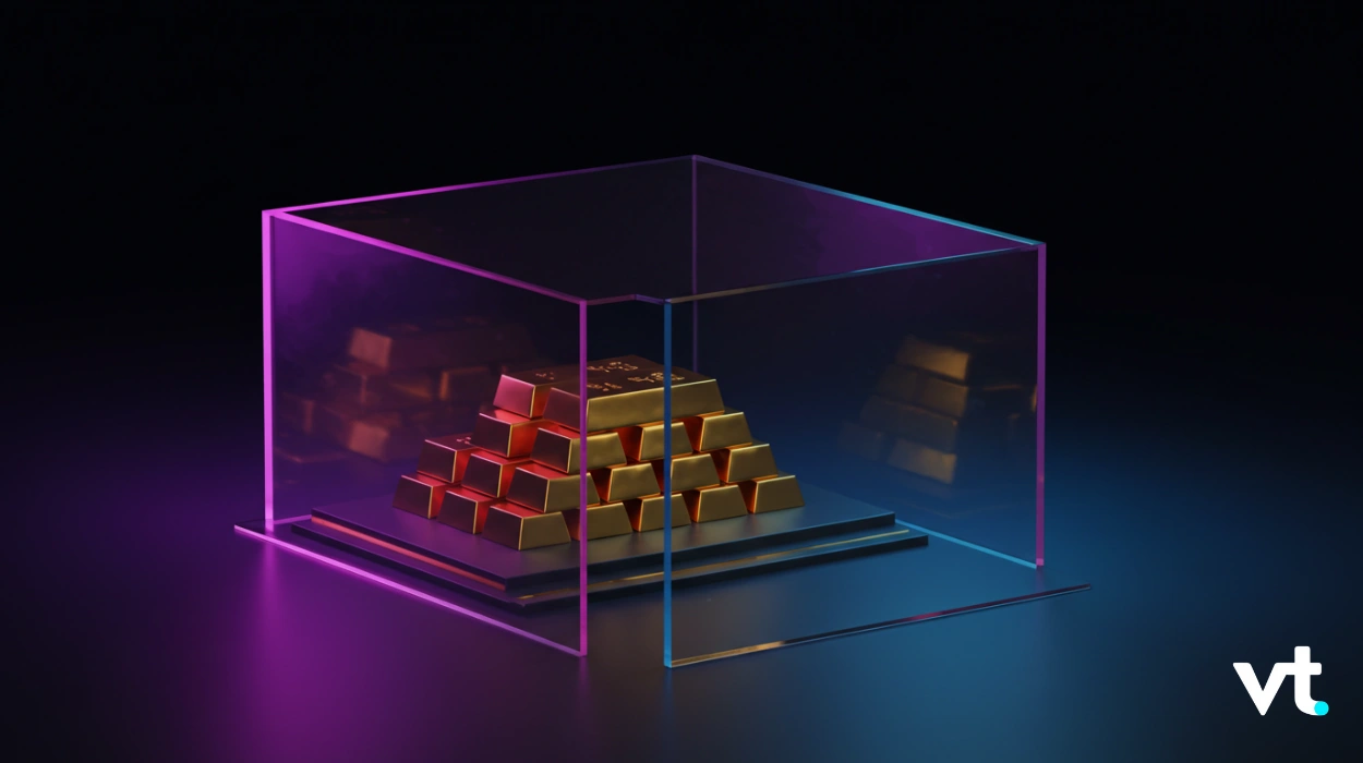 Gold bars stacked inside a glass display case lit with magenta and blue neon lighting (VT logo bottom right).