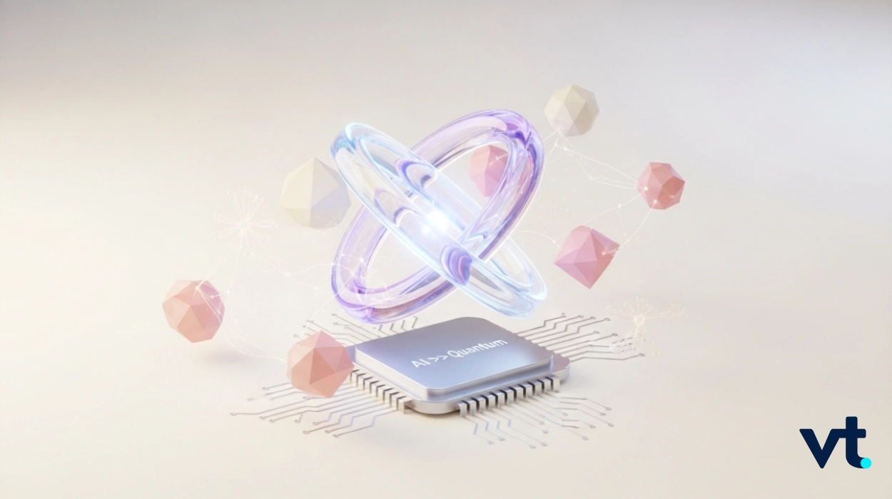 Futuristic chip labeled AI > Quantum with glowing rings and floating geometric shapes around it.