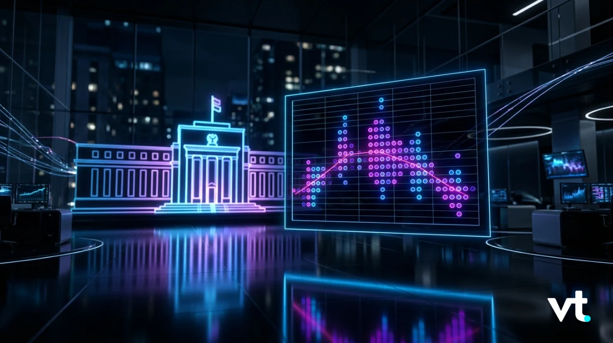 Neon-lit government building silhouette beside a glowing holographic data chart in a dark control room.