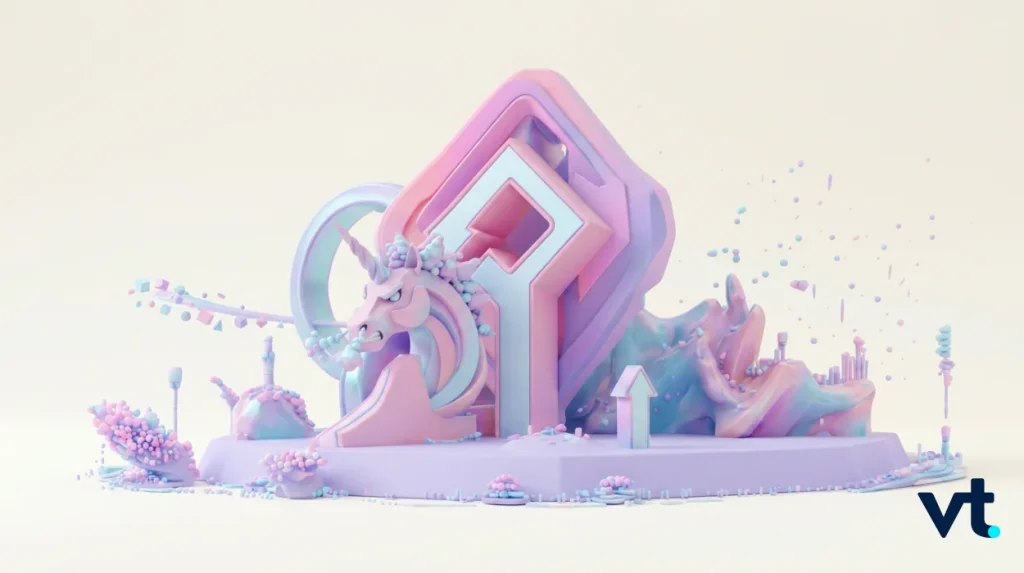 Pastel 3D sculpture with a pink unicorn, geometric arches, and abstract landscape, on a pale background (vt logo bottom right).
