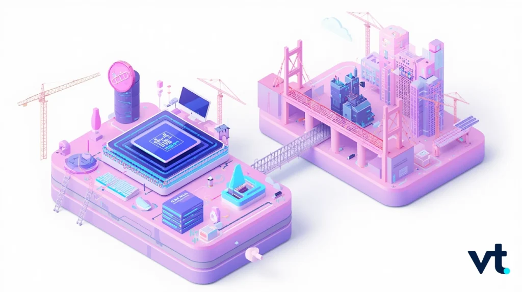 Isometric pastel illustration of a high-tech data center on a platform connected to a city under construction, with cranes and pink-blue tones (VT logo in corner).